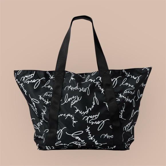 PINK Victoria's Secret Handbags - Victoria's Secret PINK Black/White Script Logo Tote-Weekender Bag